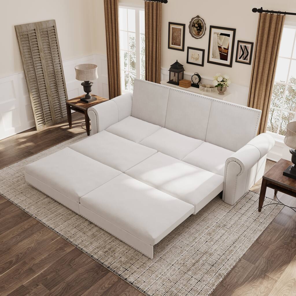 93.7" King Pull Out Sofa Bed w/ Nailhead Trim & Rolled Arm for Living Room Bedroom - White