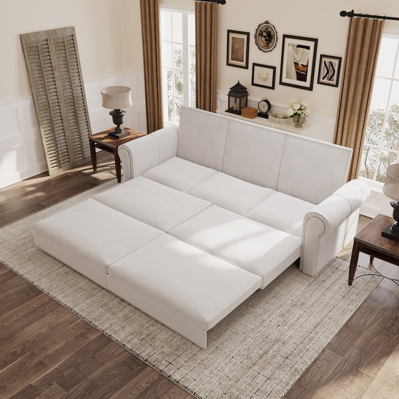 93.7" King Pull Out Sofa Bed w/ Nailhead Trim & Rolled Arm for Living Room Bedroom - White