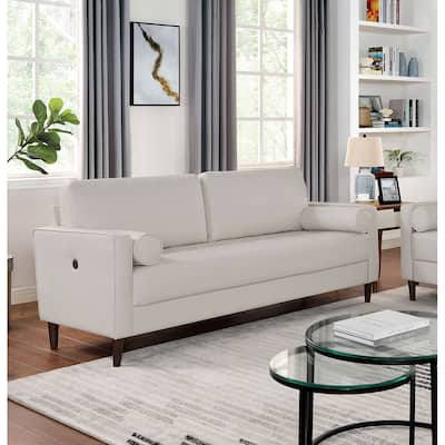 Contemporary Style Off-White 1Pc Sofa Leatherette Upholstered W Usb Bench Style Seating Bolster Pillows