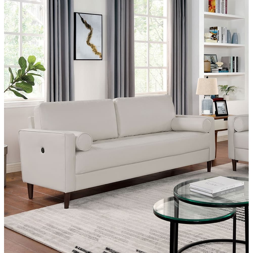 Contemporary Style Off-White 1Pc Sofa Leatherette Upholstered W Usb Bench Style Seating Bolster Pillows