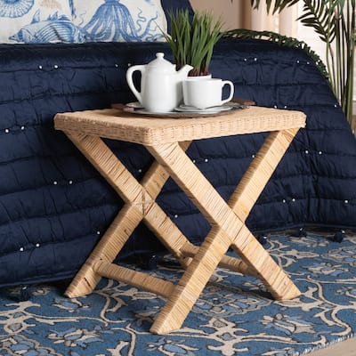 Farica Modern Bohemian Natural Rattan And Mahogany Accent Bench