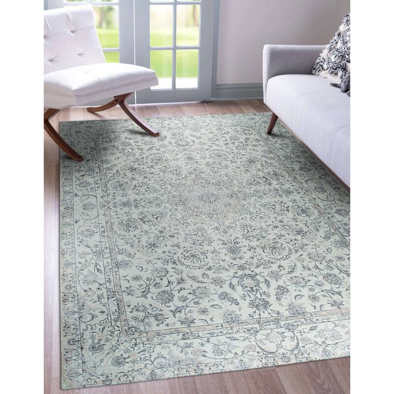 Home Decor EORC Hand-Knotted Wool & Viscose Kerman-Kashan-Isfahan Rug Elegant Beige Area Rug for Living Room, Bedroom, Office