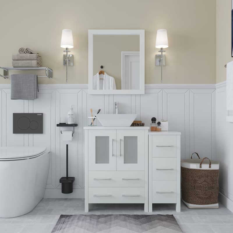 Vanity Art 36" Single Sink Bathroom Vanity Set with Engineered Marble Top and Free Mirror - 36 W X 18.5 D X 31.1 H - White