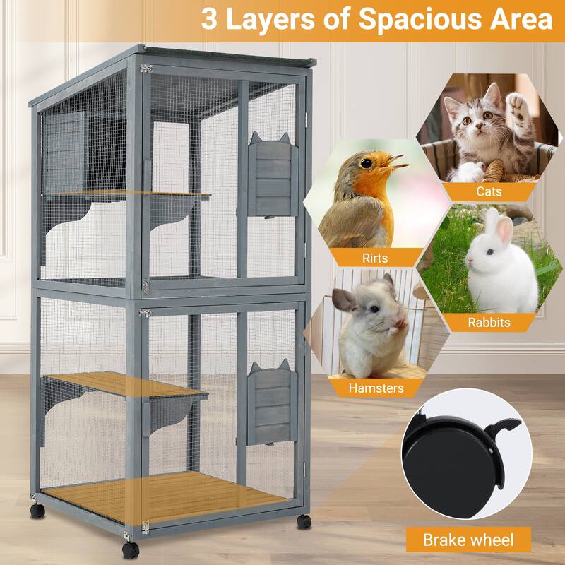 Large 2-Tier Outdoor Cat House, with 2 Lockable Doors - Grey