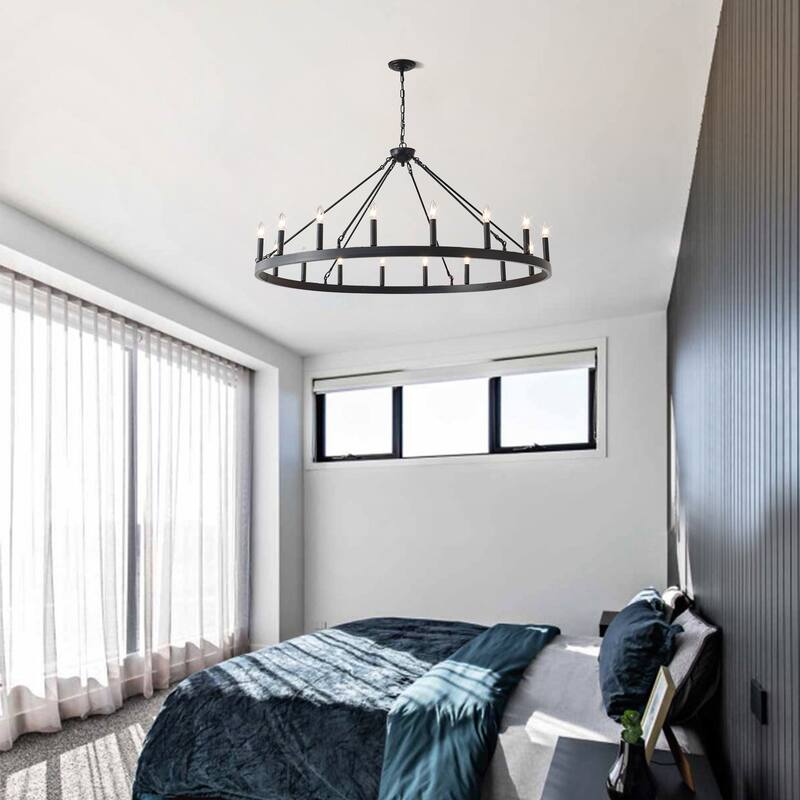 53.15 Inch Matte Black Wagon Wheel Chandelier With 18 light (No Bulbs) -E12