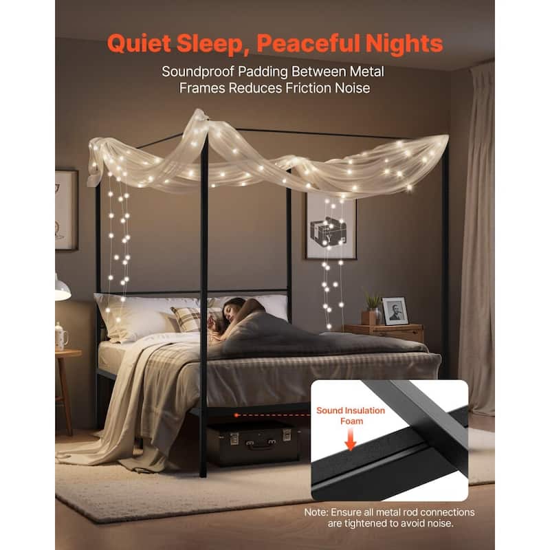 Modern Black Metal Canopy Bed Frame with 12.4 Inch Storage Clearance and Strong Weight Support