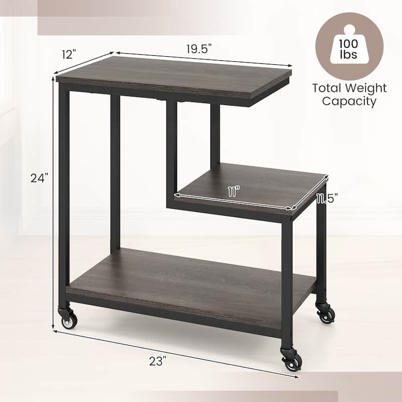 3-Tier G-Shaped Wooden Side End Table with Wheels and Storage for Living Room or Office Use - 23" x 12" x 24"