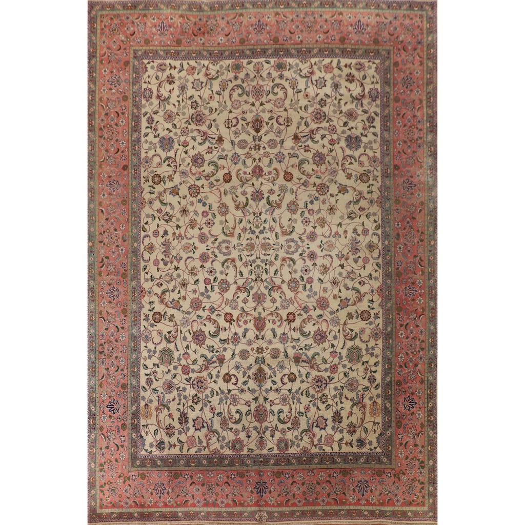 Vegetable Dye Signed Tabriz Persian Antique Rug Handmade Wool Carpet - 9'3"x 13'0"