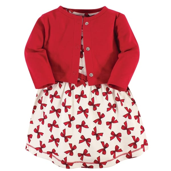 slide 1 of 1, Touched by Nature Baby and Baby Girl Organic Cotton Dress and Cardigan 2pc Set, Bows 0-3 Months - Bows