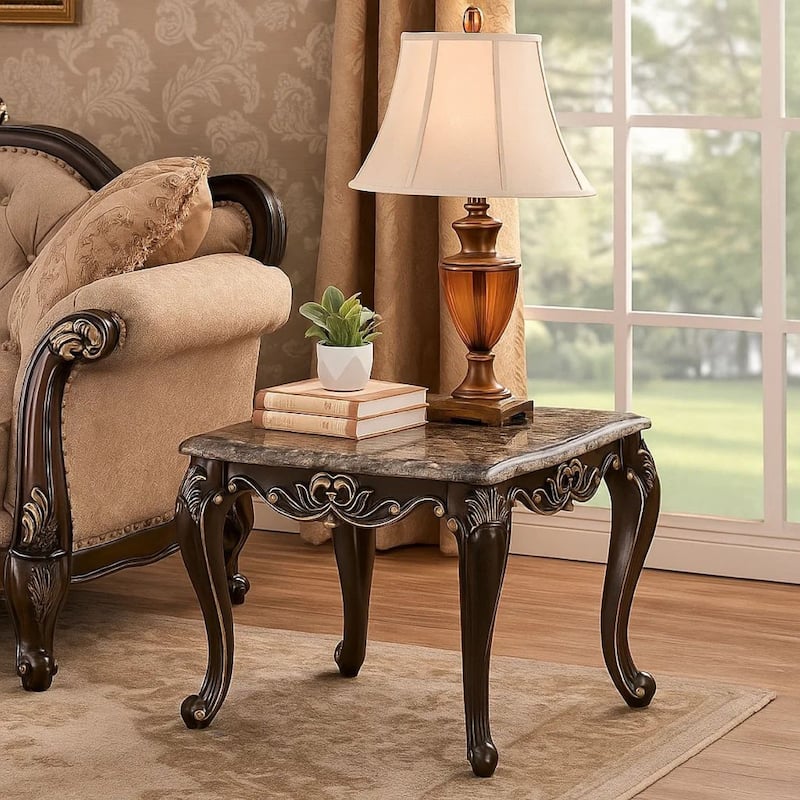 Miz Side End Table, 28 Inch, Carved Cabriole Legs, Champagne Silver