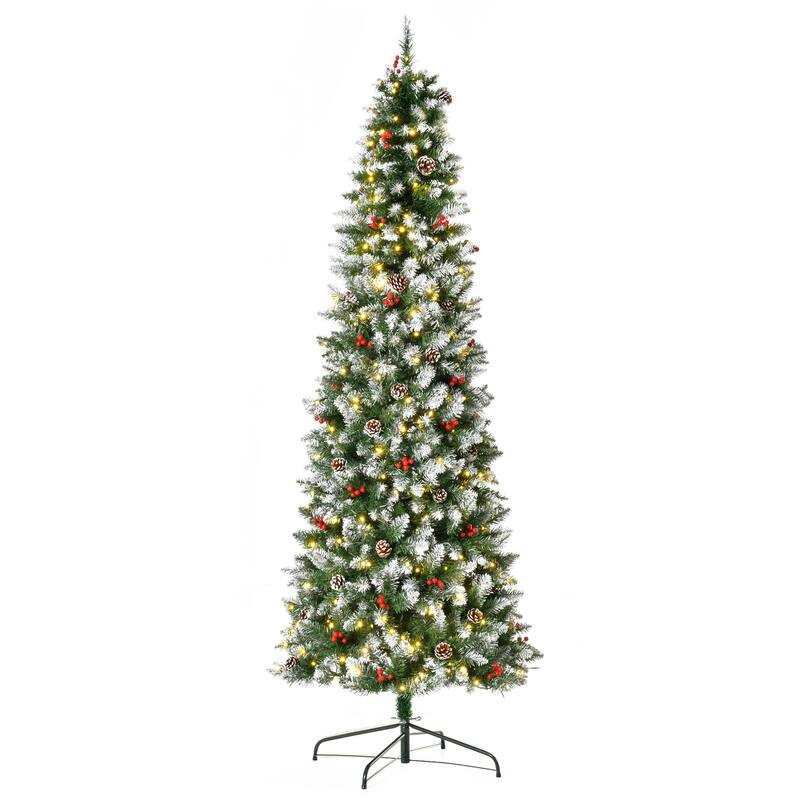 HOMCOM Pre-Lit Snow-Dipped Artificial Tree - Realistic Branches, LED Lights, Pine Cones, Red Berries - Green