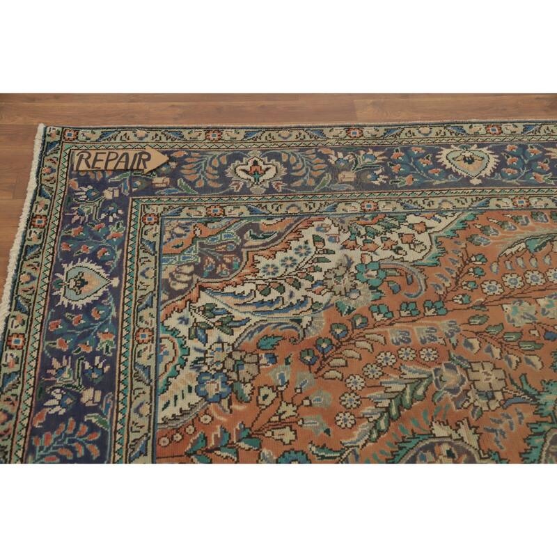 Hand Knotted Oriental 100% Wool Carpet Traditional Floral Oranges & Rust Tabriz Area Rug - 9' 7'' X 6' 5''