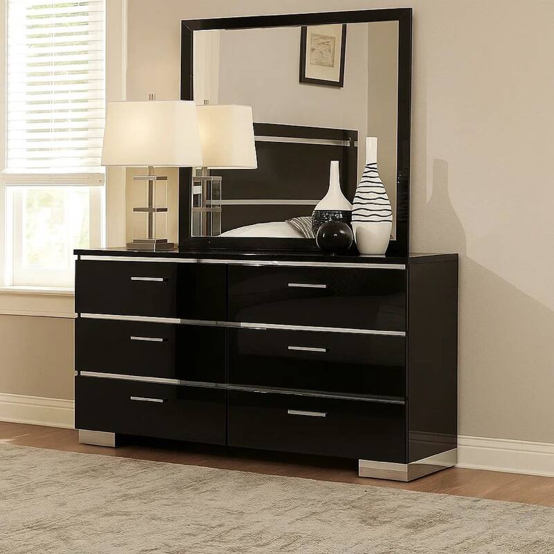 63 Inches 6 Drawer Dresser with Metal Legs, Black and Chrome
