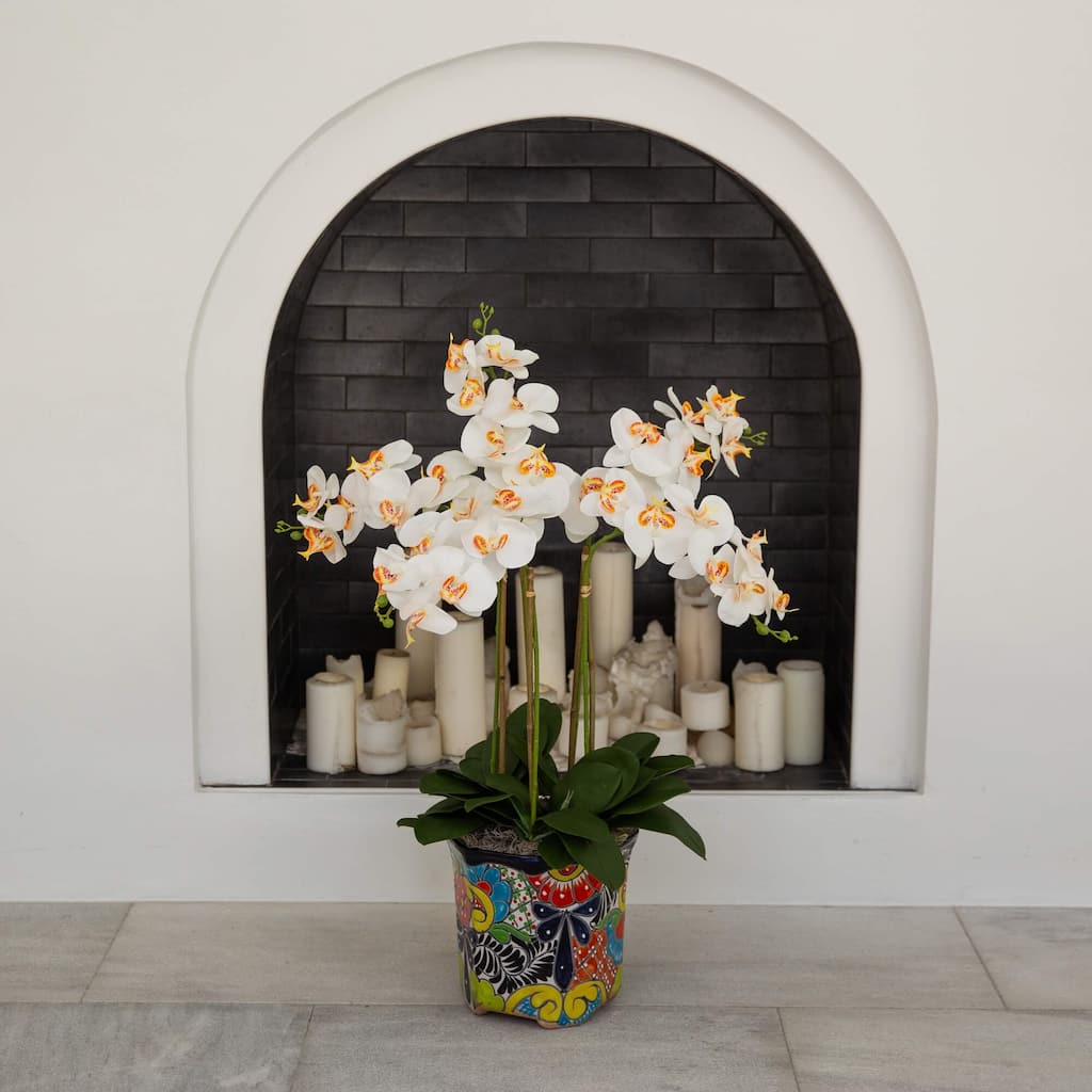 Orchid Artificial Floral Arrangement with Mexican Talavera Planter - 36" - White