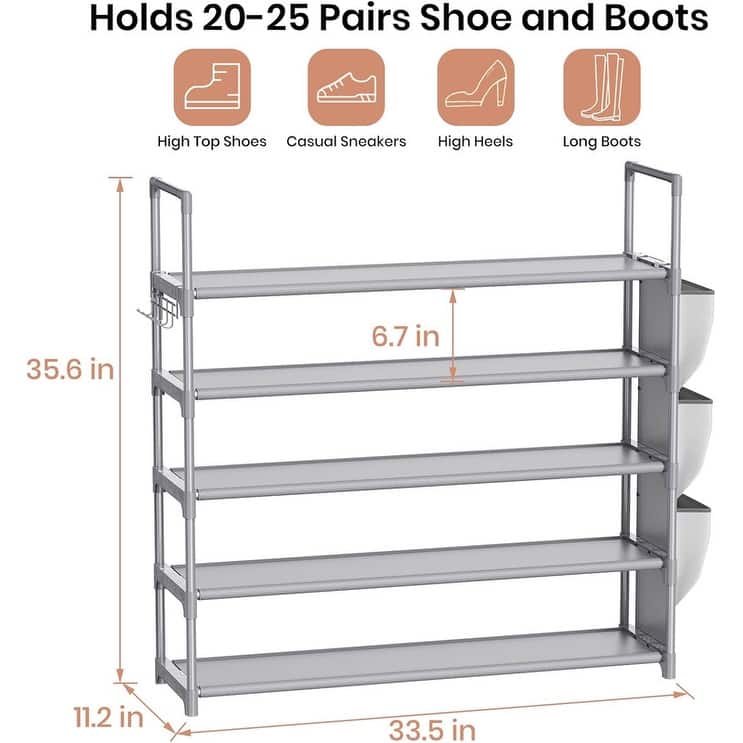 5 Tier Shoe Rack with Hook and Side Pocket - 11.2"D x 33.5"W x 35.6"H