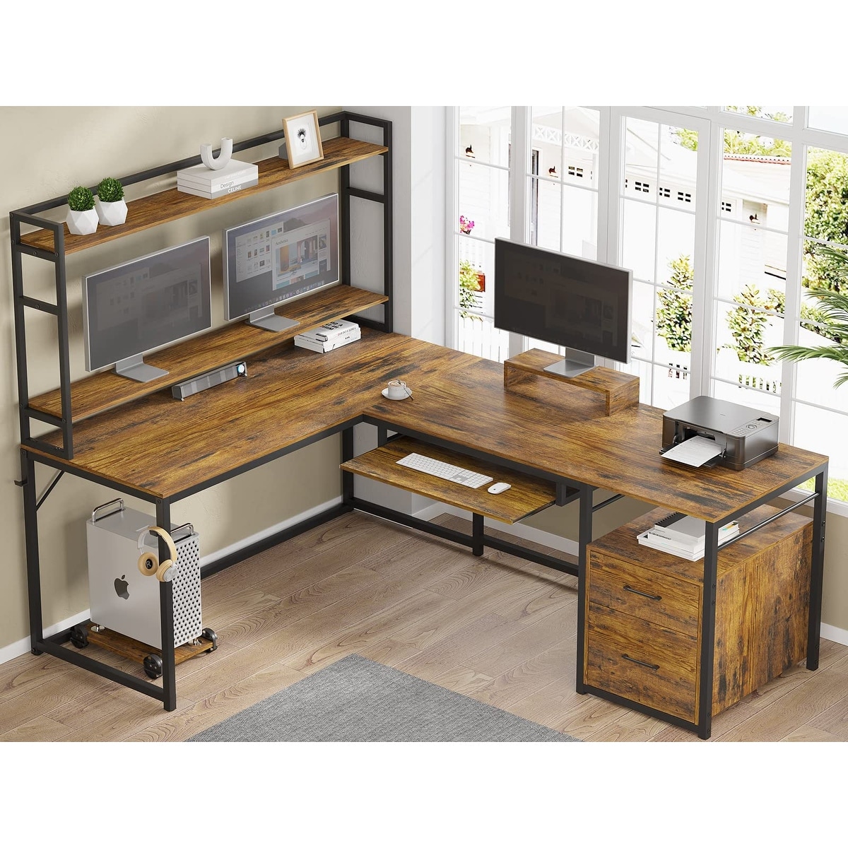 L shaped desk with hutch and keyboard tray top