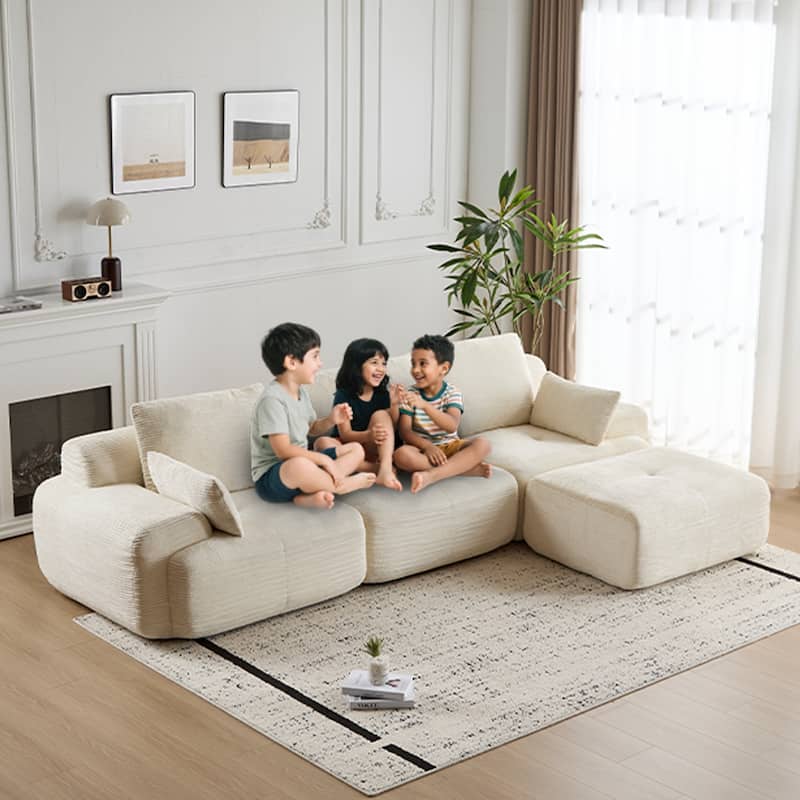 Ergonomic Deep Seat L-shaped Sectional Sofa with Chaise, Pet-Friendly Corduroy Modular Memory Foam Compressed Couch with Ottoman