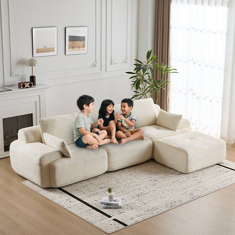 L Shaped Modular Sectional Sofa with Ottoman, Corduroy Upholstered Cloud Sofa, Compressed Sofa with Cushions & Throw Pillows