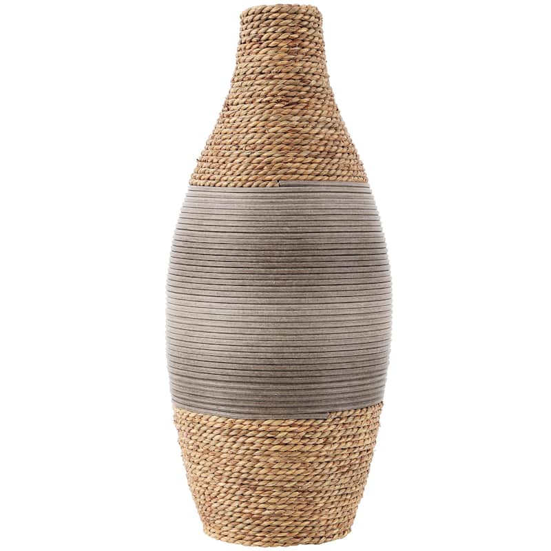 Brown Seagrass Handmade Teardrop Wrapped Decorative Vase with Layered Gray Paneling