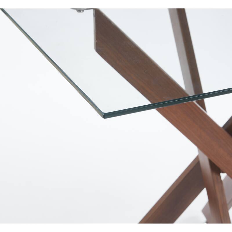 Dining Table With Cross Metal Leg And Tempered Glass,Kitchen Table For Living Room,Walnut Color Legssquare Table