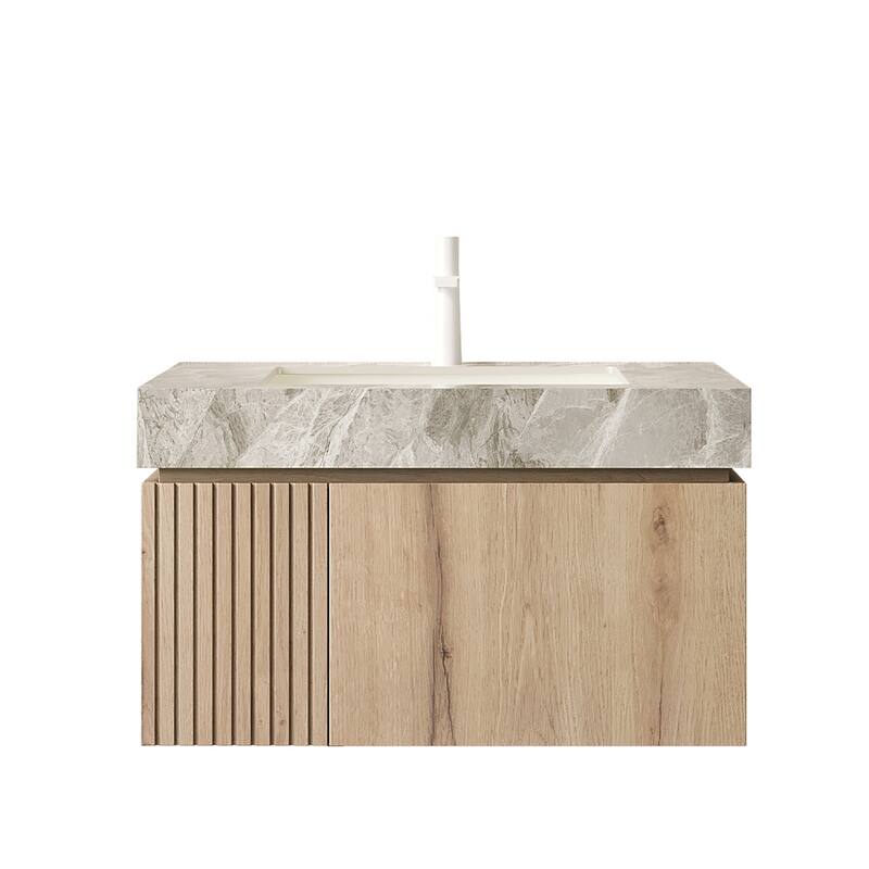 30"/36"/48" Wall-Mounted Bathroom Vanity with Ceramic Sink, Sintered Stone Countertop Floating Bathroom Storage Cabinet