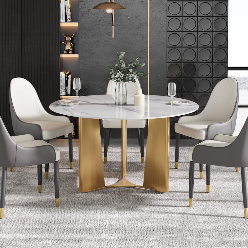 53" Modern Round Dining Table with Marble Top for 4-6, Sintered Stone Kitchen Table with Dining Table with Metal Legs
