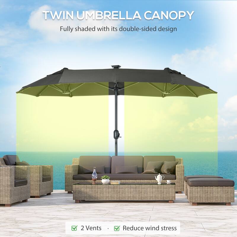 Outsunny Double-sided Patio Umbrella with Solar Lights and Sandbag Base, Outdoor Table Umbrella with Push Button Tilt, Crank