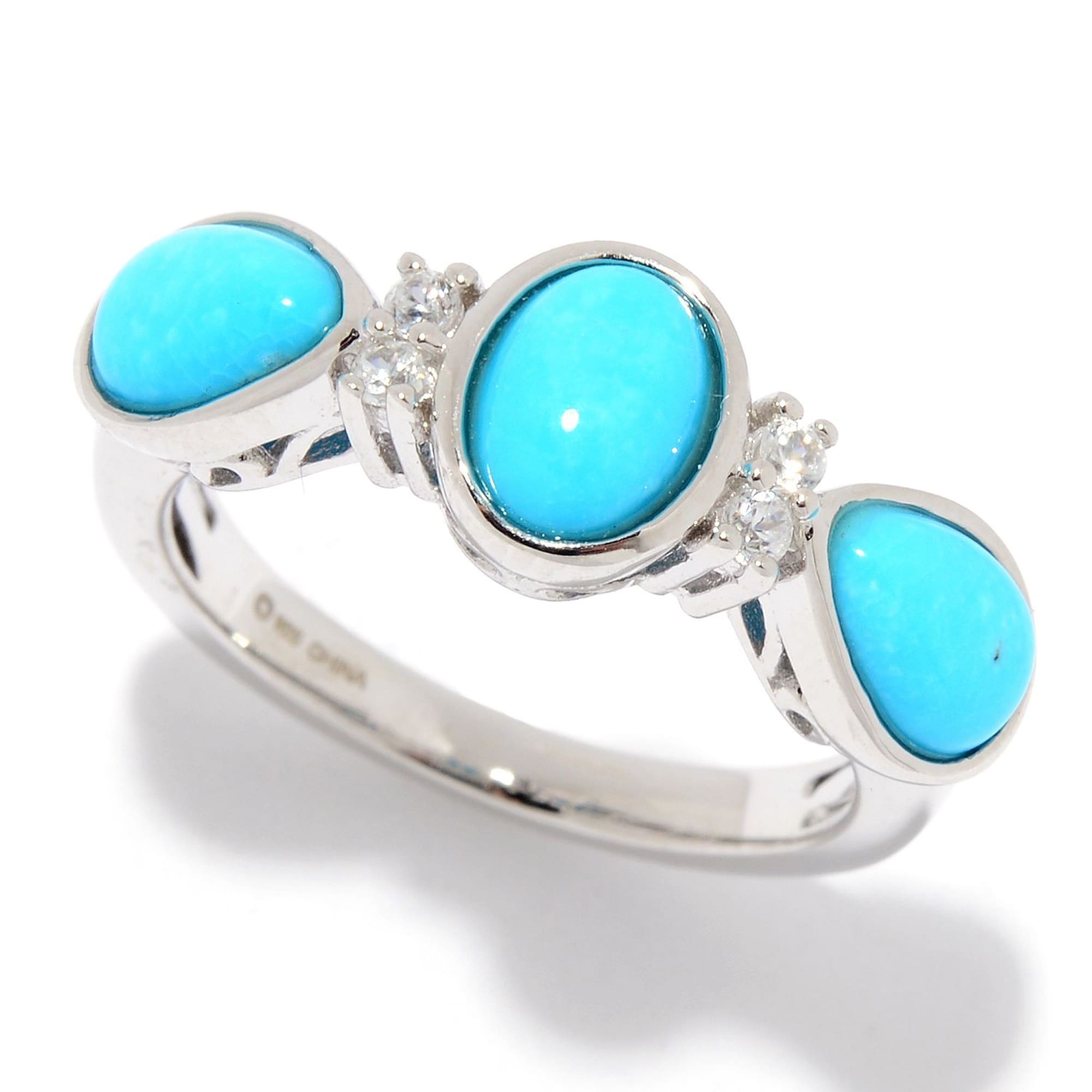 Pinctore 925 Sterling Silver Kingman Turquoise and White Natural Zircon Ring