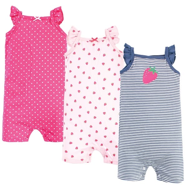slide 1 of 1, Hudson Baby Infant Girl Cotton Rompers, Pink Strawberry 0 - 3 Months - Pink