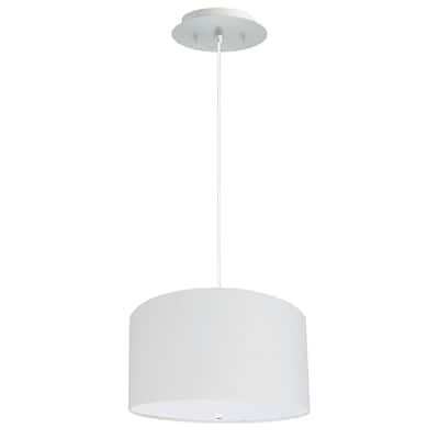 16" W 2 Light Pendant White Linen Drum Shade with Diffuser, White Cord