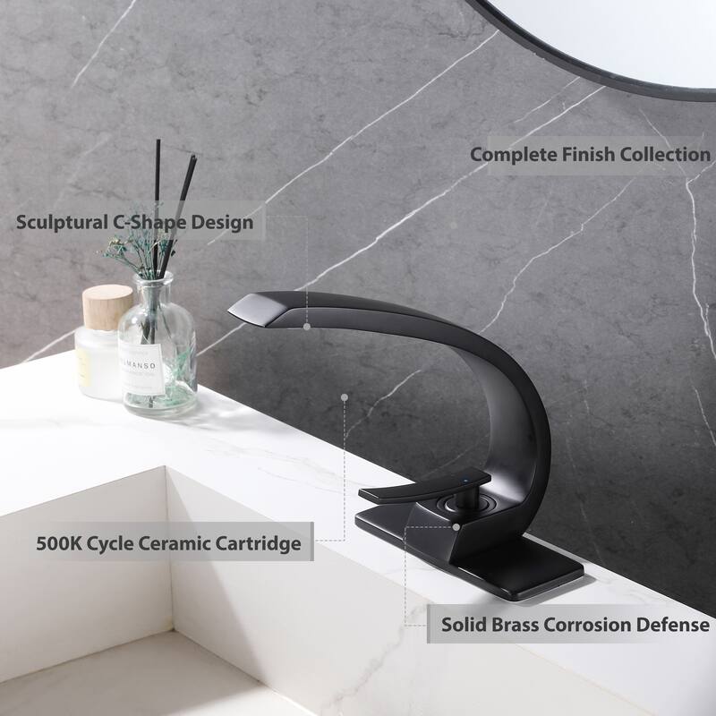 Modland C-Shaped Single Hole Bathroom Faucet, 500K Cycle CUPC Certified, 6-Inch Cover Plate, Black / Gold / Nickel / Chrome