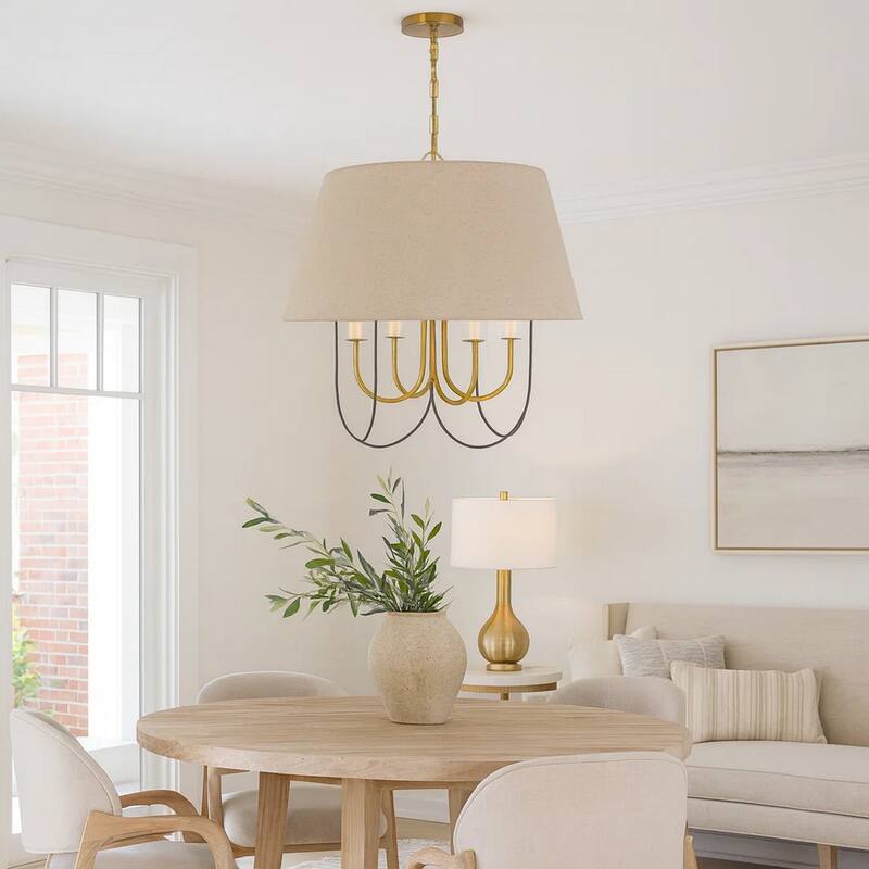 Pomy 24 Inch Chandelier, Hardback Burlap Shade, Gold Black Metal