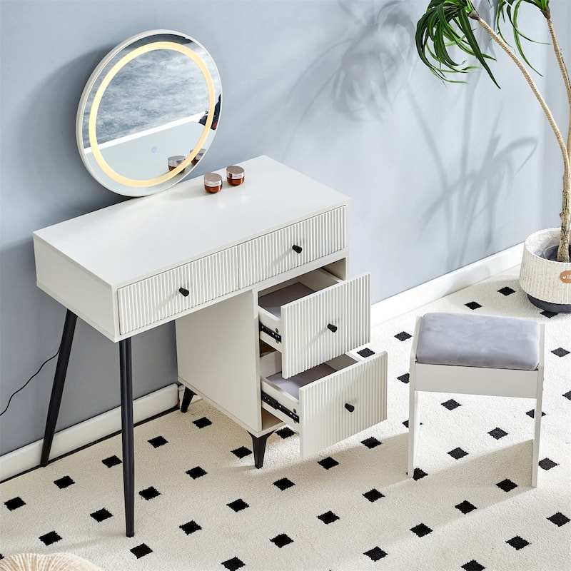 Makeup Vanity with Round LED Mirror, Drawers and Adjustable Shelves