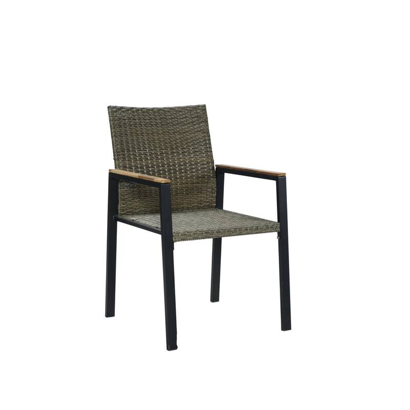 7-Piece Outdoor Patio Rattan Dining Set with Stackable Chairs, 59" Acacia Wood Table Top with Umbrella Hole