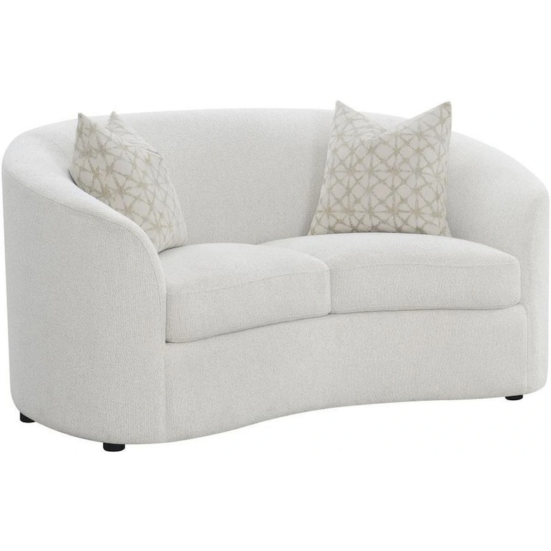 Tia 66 Inch Modern Curved Loveseat, 2 Throw Pillows, Cream Boucle Fabric