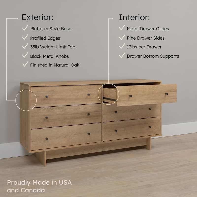 Prepac Finnley 6-Drawer 61" W Dresser, Modern Clothing Organizer for Home, Bedroom, Living Room