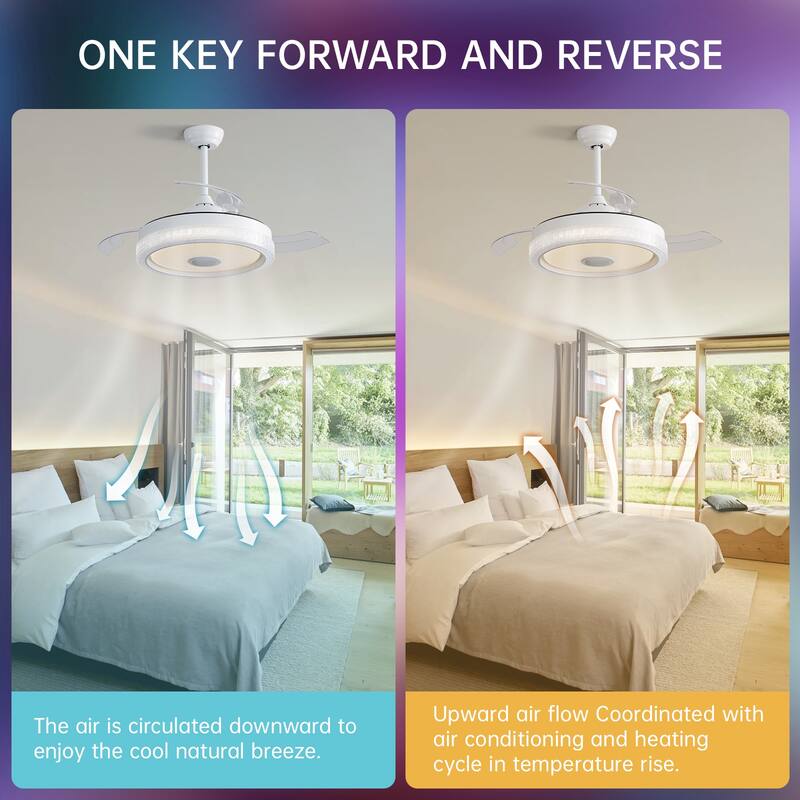 42 inch Reversible Retractable Modern Decorative Silver/white Ceiling Fan With Light and Remote - 42inch