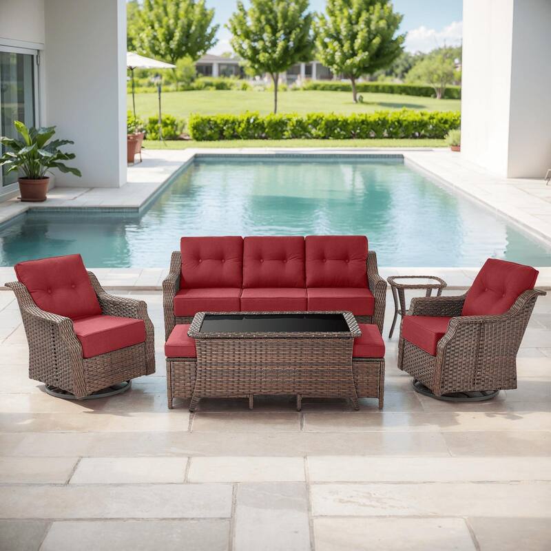 Outdoor Wicker Rattan Sofa Set for Garden - Brown Wicker & Red Cushion - 7PCS Sofa Glider Chair Table with Ottoman