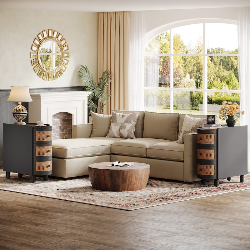 Solid Wood End Table, 3-Drawer Rattan Side Table, Night Stand with Exquisite Embossed Handles
