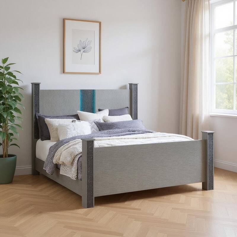 HomeRoots Silver Wood And Faux Crystals Lighted King Four Poster Bed Frame - King