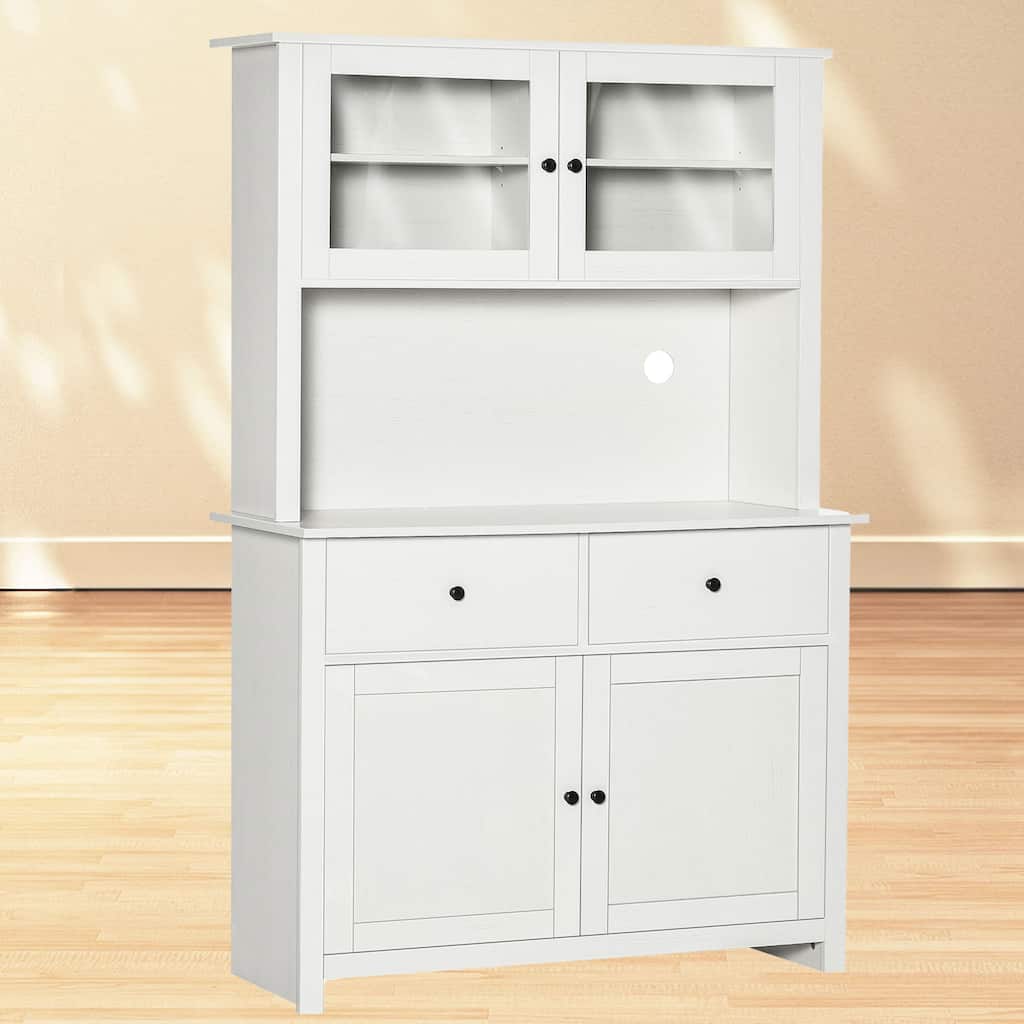 Antique White Kitchen Pantry Storage Cabinet with Hutch, 4 Shelves, Drawers, and Microwave Countertop