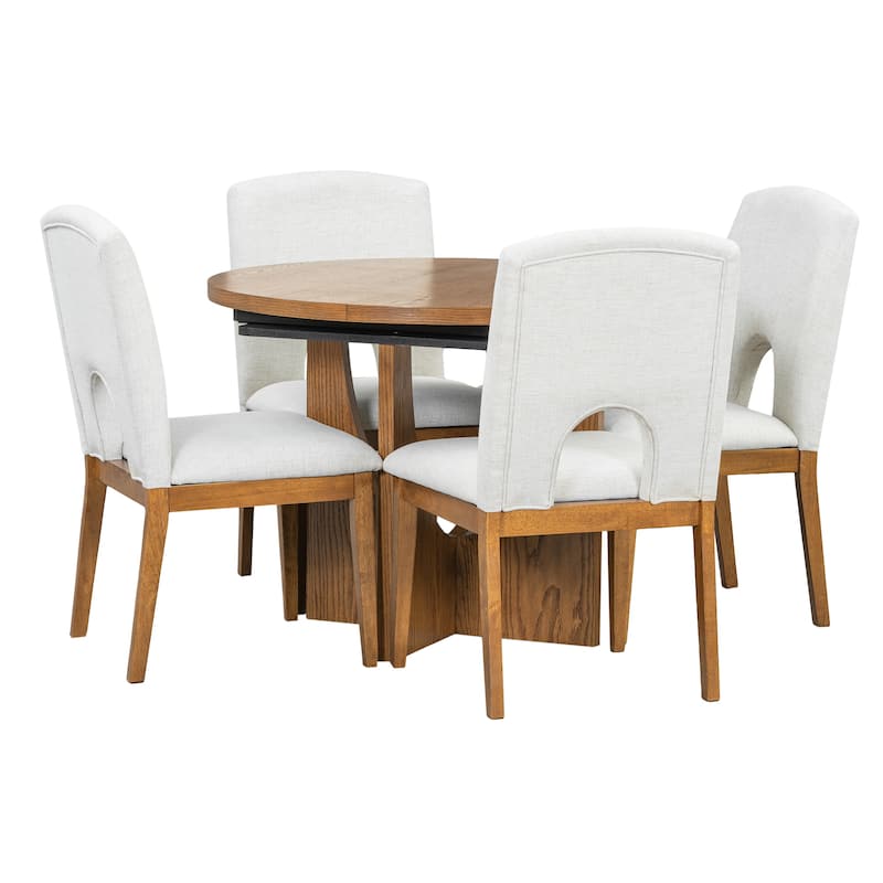5 Piece Functional Dining Set, Wood Extendable Round Dining Table Set with Removable Leaf and 4 Upholstered Chairs