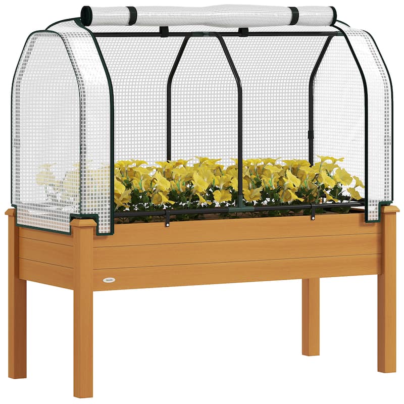 Outsunny Raised Garden Bed with PE Greenhouse Cover Outdoor Elevated Wood Planter Box for Herbs and Vegetables