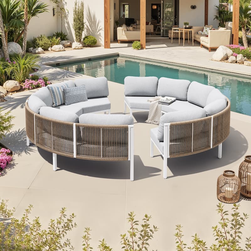 Outdoor Curved Half-moon-shaped Sofa Rattan Sectional Sofa Patio Furniture Set Outdoor Conversation Sets - 8-seater - Light Grey