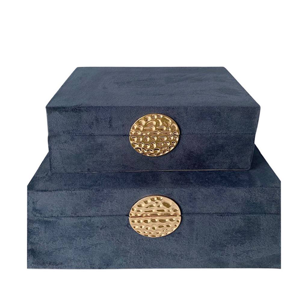 12 Inch Modern Wood Box with Medallion, Square, Set of 2, Deep Blue, Gold