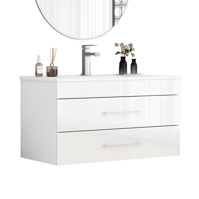 36-Inch White Gloss Wall-Mounted Bathroom Vanity with Double Drawers, Soft-Close System,Ceramic Sink,Long Metal Handle