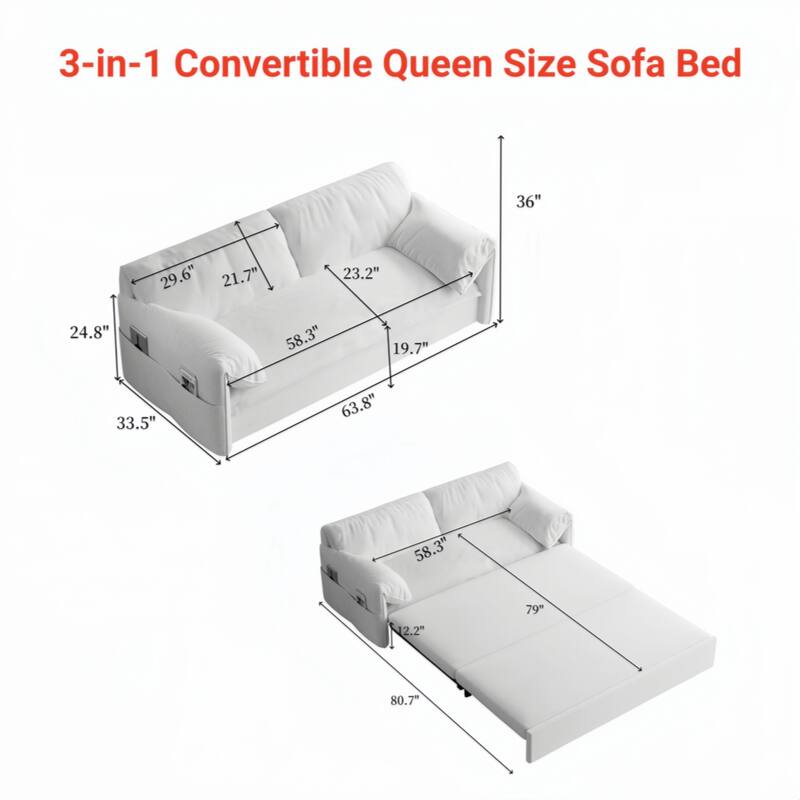 63.8" Queen Pull Out Sofa Bed, 3-in-1 Convertible Sleeper Sofa with Side Storage,Multi-Functional Velvet Loveseat Bed