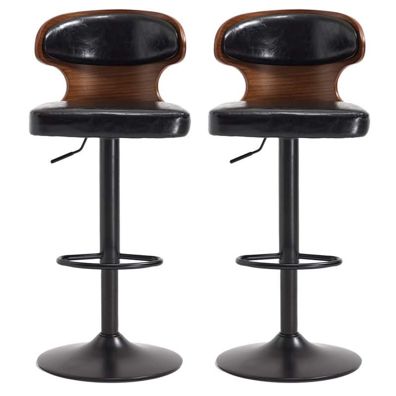 PU Leather Upholstered Curved Backrest 360° Swivel Adjustable Height Bar Stools with Footrest(set of 2)