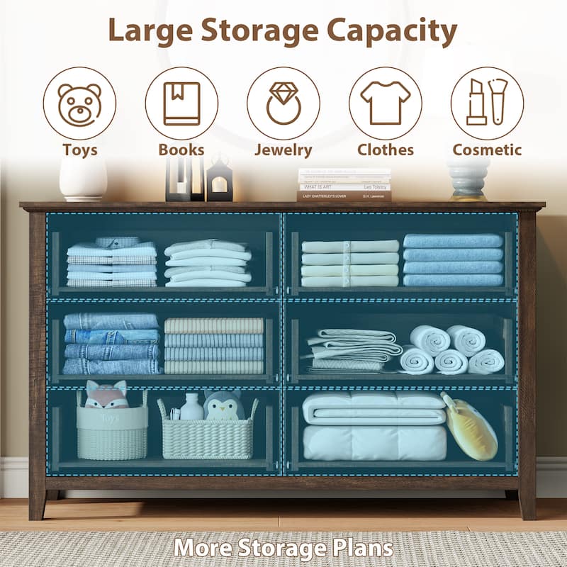 Farmhouse 6 Drawer Dresser for Bedroom, Vintage Dresser with Antique Handles