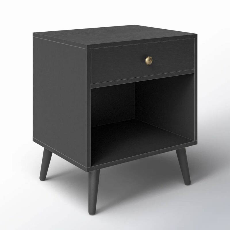 Solid Wood Nightstand with Drawer and Open Shelf - Black